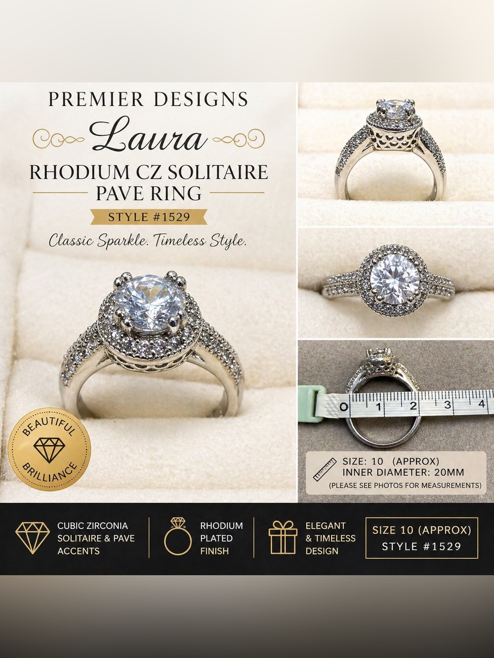 Premier Designs Laura Rhodium-Plated Clear CZ Halo Ring - Silver Shine